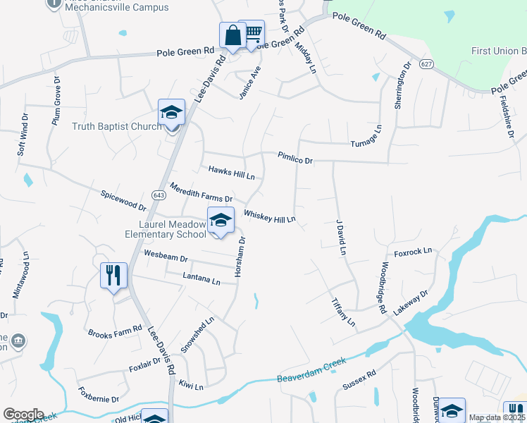 map of restaurants, bars, coffee shops, grocery stores, and more near 6898 Whiskey Hill Lane in Mechanicsville