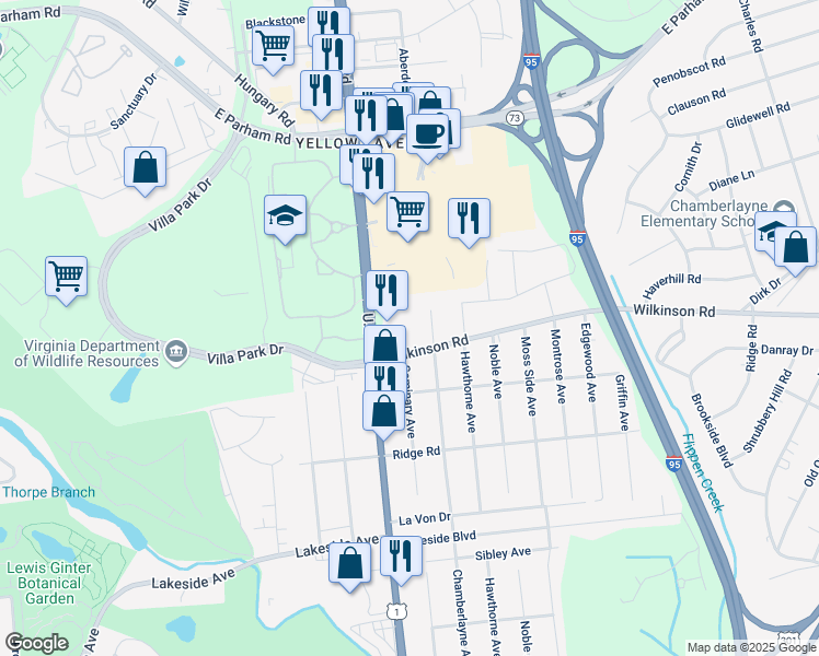 map of restaurants, bars, coffee shops, grocery stores, and more near 7709 Seminary Avenue in Richmond
