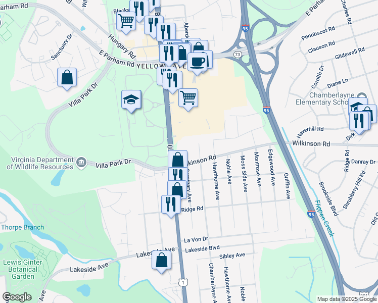 map of restaurants, bars, coffee shops, grocery stores, and more near 7709 Seminary Avenue in Richmond