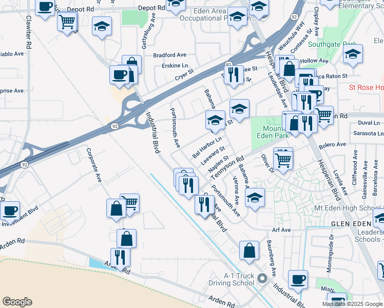 map of restaurants, bars, coffee shops, grocery stores, and more near 2765 Bal Harbor Lane in Hayward