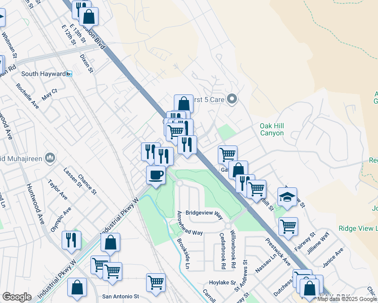 map of restaurants, bars, coffee shops, grocery stores, and more near 29619 Mission Boulevard in Hayward
