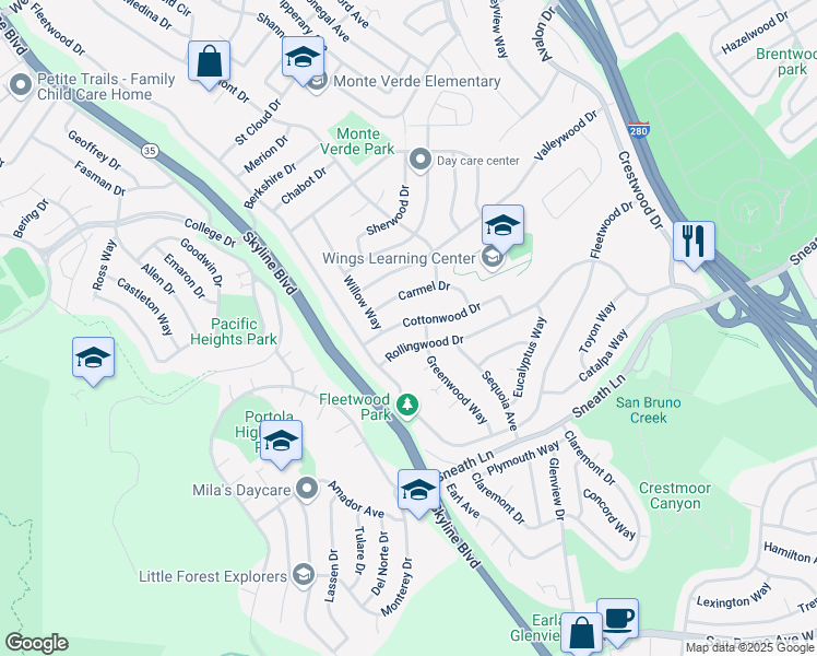 map of restaurants, bars, coffee shops, grocery stores, and more near 2841 Cottonwood Drive in San Bruno