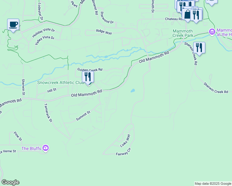 map of restaurants, bars, coffee shops, grocery stores, and more near 1199 Pyramid Peak Drive in Mammoth Lakes