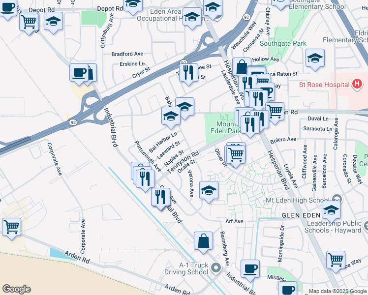 map of restaurants, bars, coffee shops, grocery stores, and more near 2617 Naples Street in Hayward