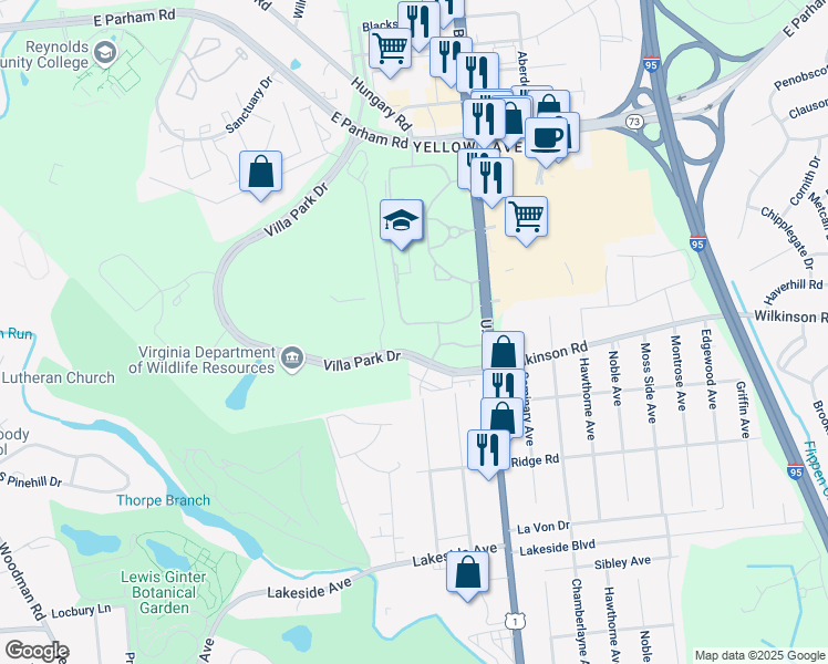 map of restaurants, bars, coffee shops, grocery stores, and more near 7819 Villa Park Drive in Henrico