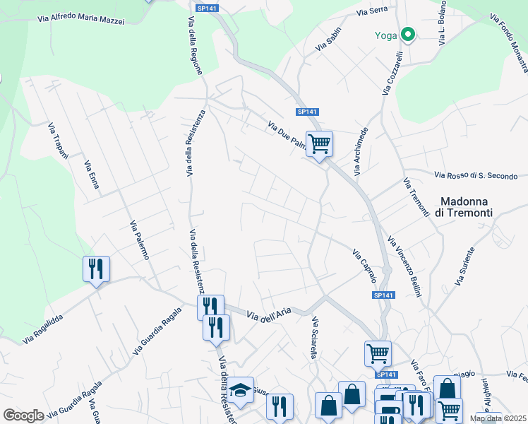 map of restaurants, bars, coffee shops, grocery stores, and more near 37 Via Capraio in Pedara