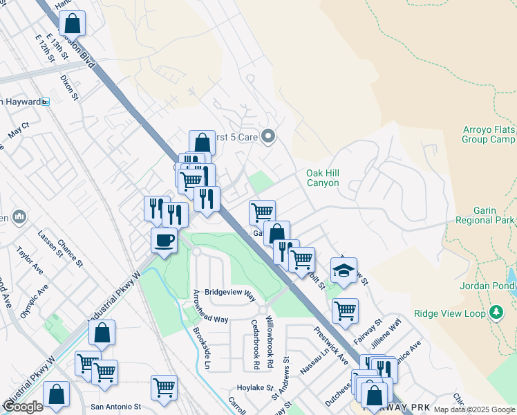 map of restaurants, bars, coffee shops, grocery stores, and more near 29845 Vanderbilt Street in Hayward