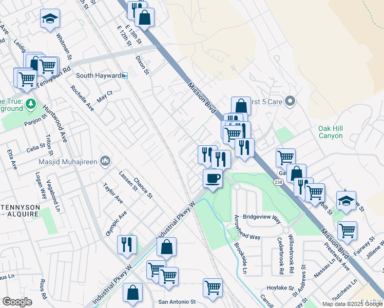 map of restaurants, bars, coffee shops, grocery stores, and more near 226 Dash Court in Hayward