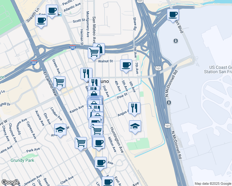 map of restaurants, bars, coffee shops, grocery stores, and more near 711 3rd Avenue in San Bruno