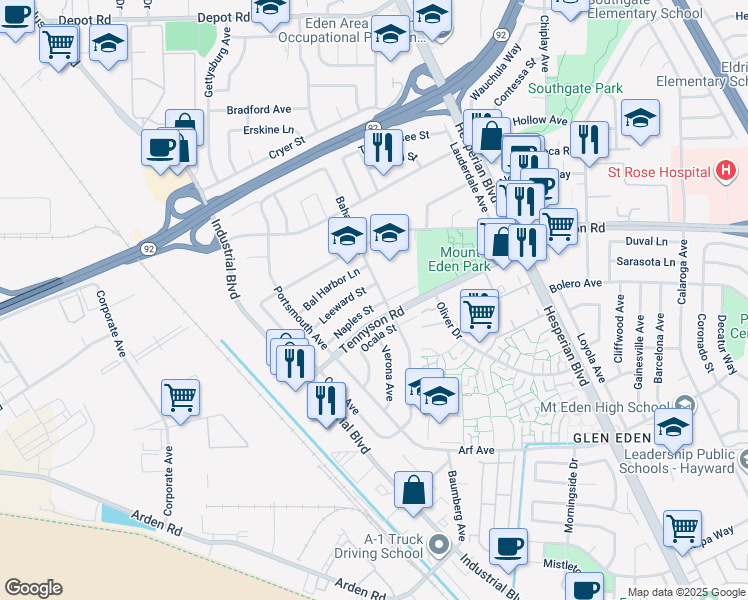 map of restaurants, bars, coffee shops, grocery stores, and more near 2617 Naples Street in Hayward