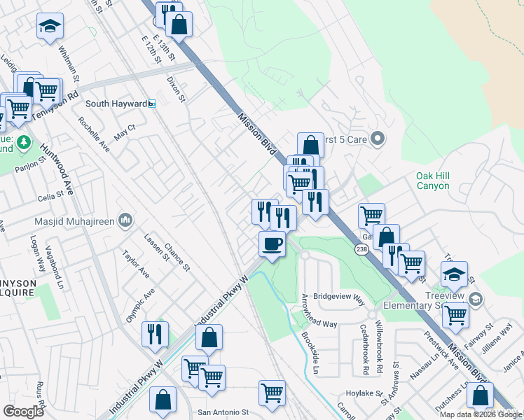 map of restaurants, bars, coffee shops, grocery stores, and more near 29571 Dixon Street in Hayward