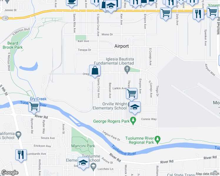 map of restaurants, bars, coffee shops, grocery stores, and more near 699 Benson Avenue in Modesto