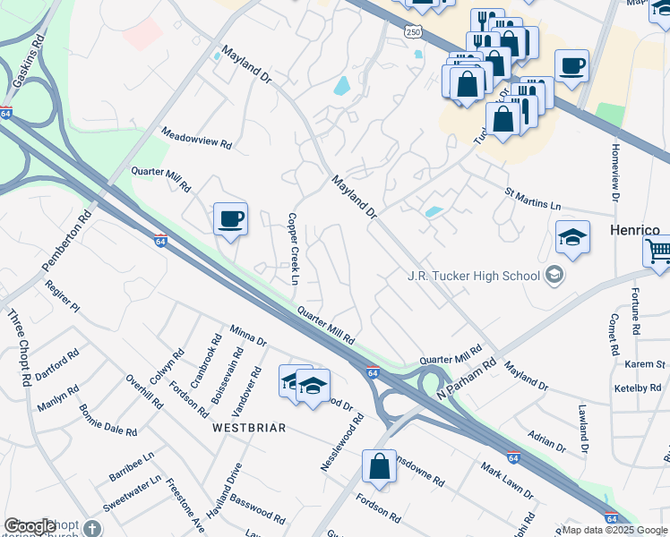 map of restaurants, bars, coffee shops, grocery stores, and more near 8602 Eversham Road in Henrico