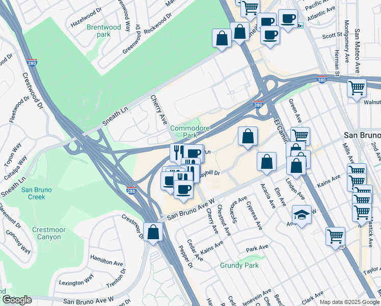 map of restaurants, bars, coffee shops, grocery stores, and more near 1000 Cherry Avenue in San Bruno