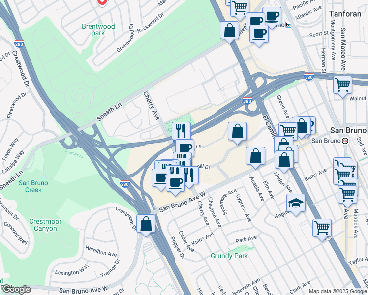 map of restaurants, bars, coffee shops, grocery stores, and more near 1000 Cherry Avenue in San Bruno