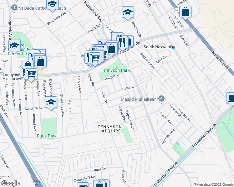 map of restaurants, bars, coffee shops, grocery stores, and more near 552 Celia Street in Hayward