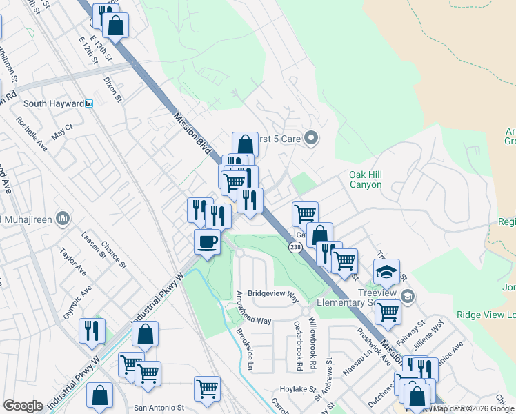 map of restaurants, bars, coffee shops, grocery stores, and more near 527 Blue Jay Drive in Hayward