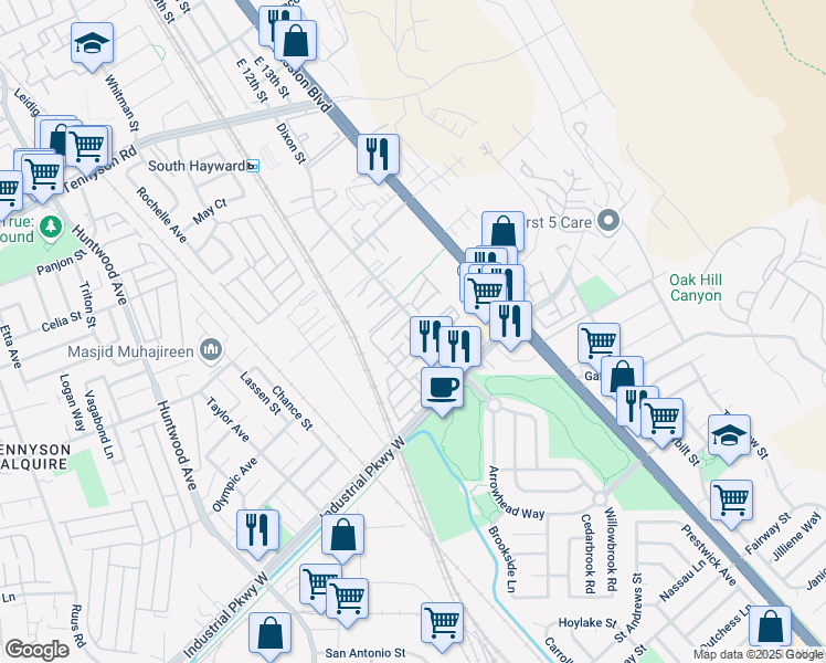 map of restaurants, bars, coffee shops, grocery stores, and more near 29571 Dixon Street in Hayward