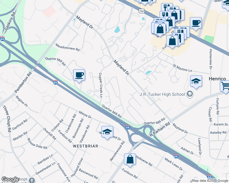 map of restaurants, bars, coffee shops, grocery stores, and more near 8602 Eversham Road in Henrico