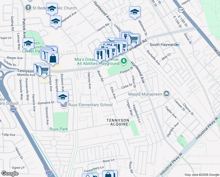 map of restaurants, bars, coffee shops, grocery stores, and more near 28481 Etta Avenue in Hayward