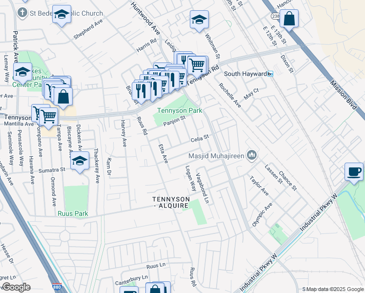 map of restaurants, bars, coffee shops, grocery stores, and more near 552 Celia Street in Hayward