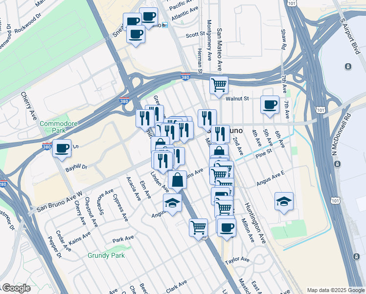 map of restaurants, bars, coffee shops, grocery stores, and more near 453 San Bruno Avenue West in San Bruno