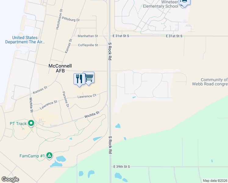 map of restaurants, bars, coffee shops, grocery stores, and more near 3636 South Rock Road in Wichita