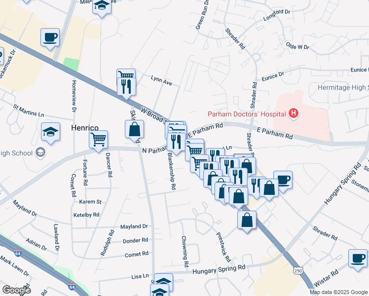 map of restaurants, bars, coffee shops, grocery stores, and more near 8207 Old Parham Road in Henrico