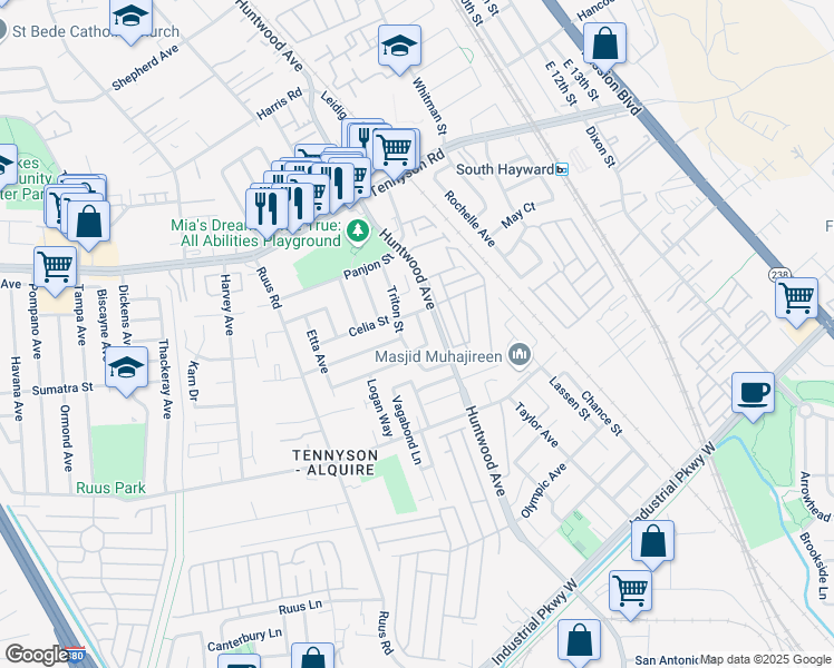map of restaurants, bars, coffee shops, grocery stores, and more near 28695 Roanoke Street in Hayward