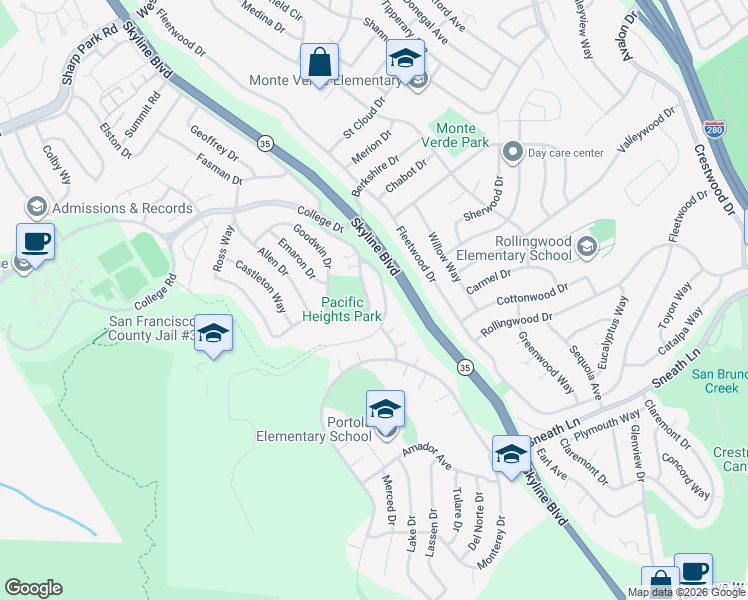 map of restaurants, bars, coffee shops, grocery stores, and more near 3080 Longview Drive in San Bruno