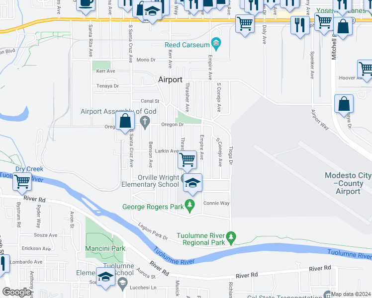 map of restaurants, bars, coffee shops, grocery stores, and more near 644 Thrasher Avenue in Modesto