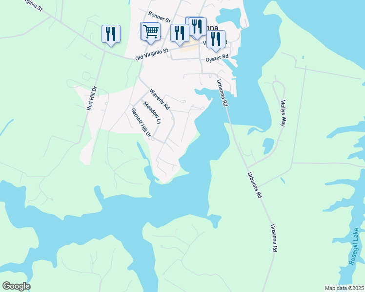 map of restaurants, bars, coffee shops, grocery stores, and more near 467 Waverly Road in Urbanna
