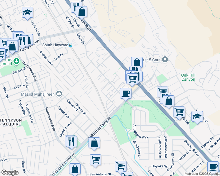 map of restaurants, bars, coffee shops, grocery stores, and more near 226 Dash Court in Hayward