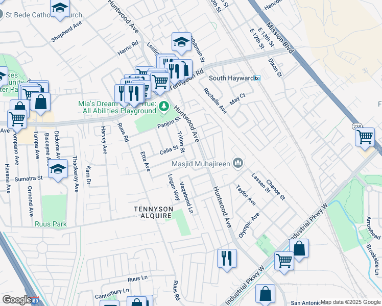 map of restaurants, bars, coffee shops, grocery stores, and more near 28695 Roanoke Street in Hayward