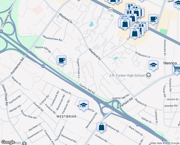 map of restaurants, bars, coffee shops, grocery stores, and more near 8602 Eversham Road in Henrico
