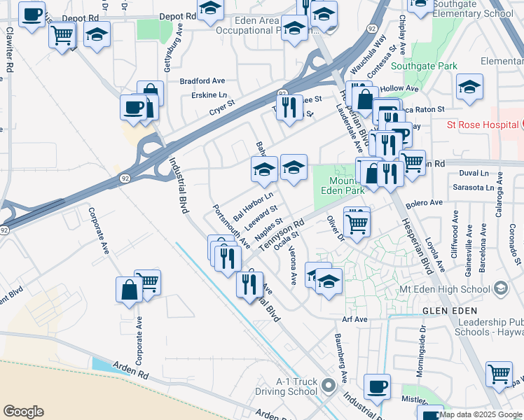 map of restaurants, bars, coffee shops, grocery stores, and more near 2675 Leeward Street in Hayward