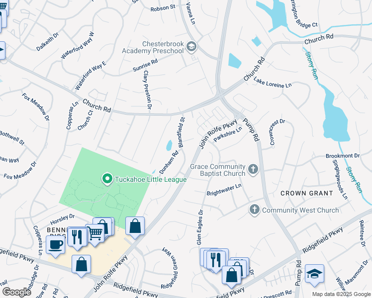 map of restaurants, bars, coffee shops, grocery stores, and more near 11857 Blandfield Street in Richmond