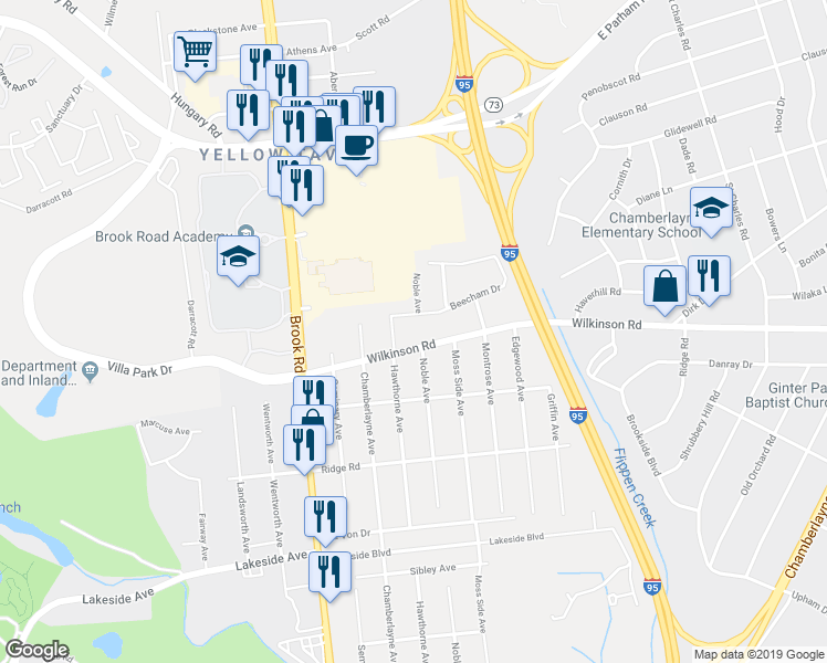 map of restaurants, bars, coffee shops, grocery stores, and more near 7700 Noble Avenue in Richmond