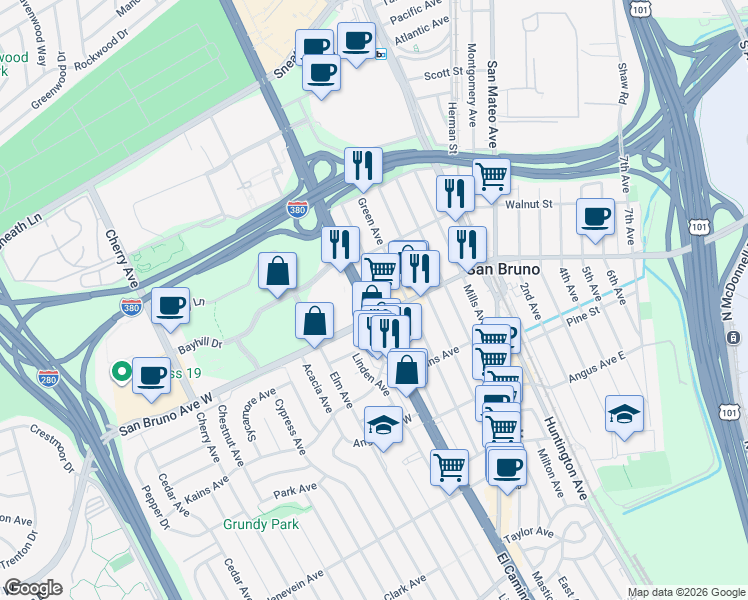 map of restaurants, bars, coffee shops, grocery stores, and more near 820 El Camino Real in San Bruno
