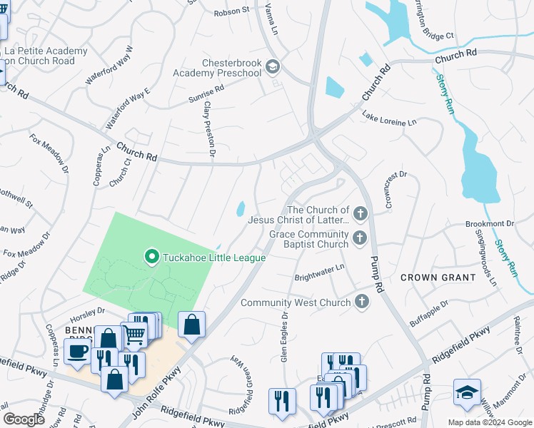 map of restaurants, bars, coffee shops, grocery stores, and more near 11857 Blandfield Street in Richmond