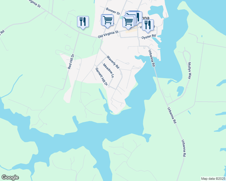 map of restaurants, bars, coffee shops, grocery stores, and more near 344 Garnett Hill Drive in Urbanna