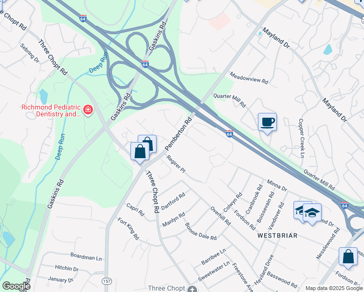 map of restaurants, bars, coffee shops, grocery stores, and more near 2422 Pemberton Road in Henrico
