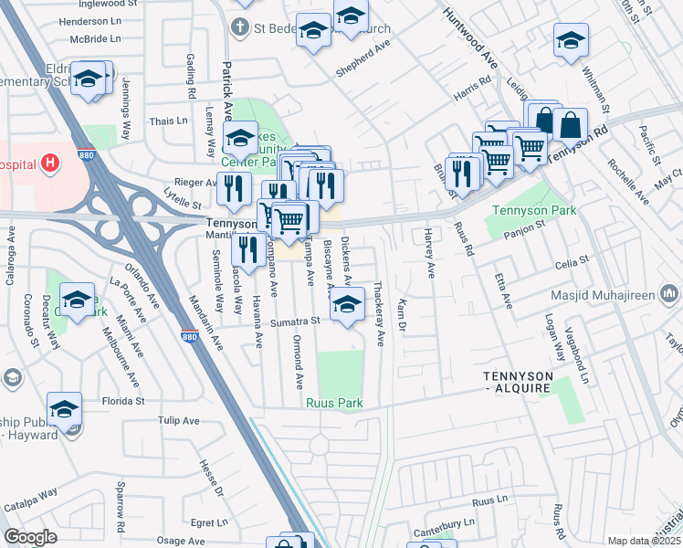 map of restaurants, bars, coffee shops, grocery stores, and more near 27867 Dickens Avenue in Hayward