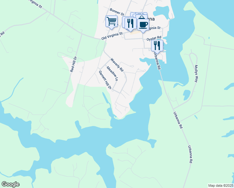 map of restaurants, bars, coffee shops, grocery stores, and more near 344 Garnett Hill Drive in Urbanna