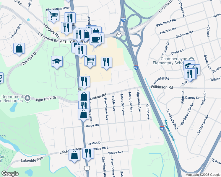 map of restaurants, bars, coffee shops, grocery stores, and more near 7700 Noble Avenue in Richmond