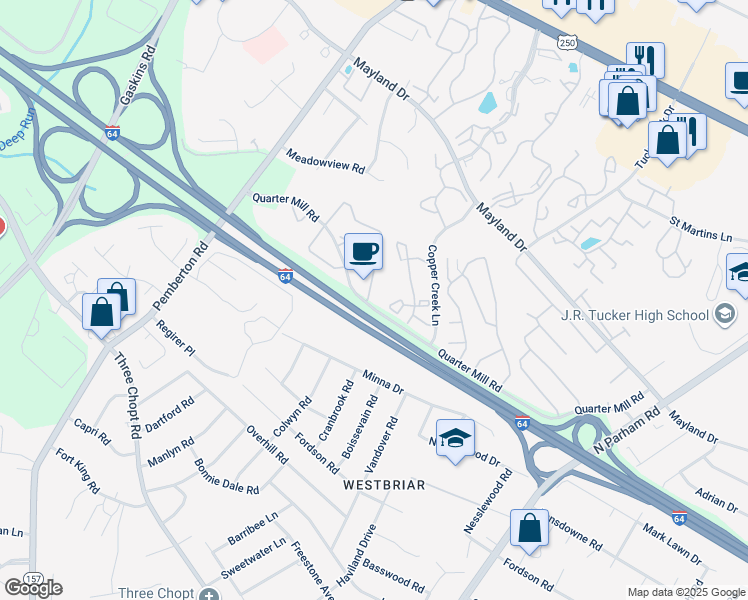 map of restaurants, bars, coffee shops, grocery stores, and more near 2801 Queensland Drive in Richmond