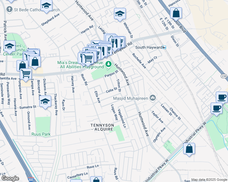 map of restaurants, bars, coffee shops, grocery stores, and more near 520 Celia Street in Hayward