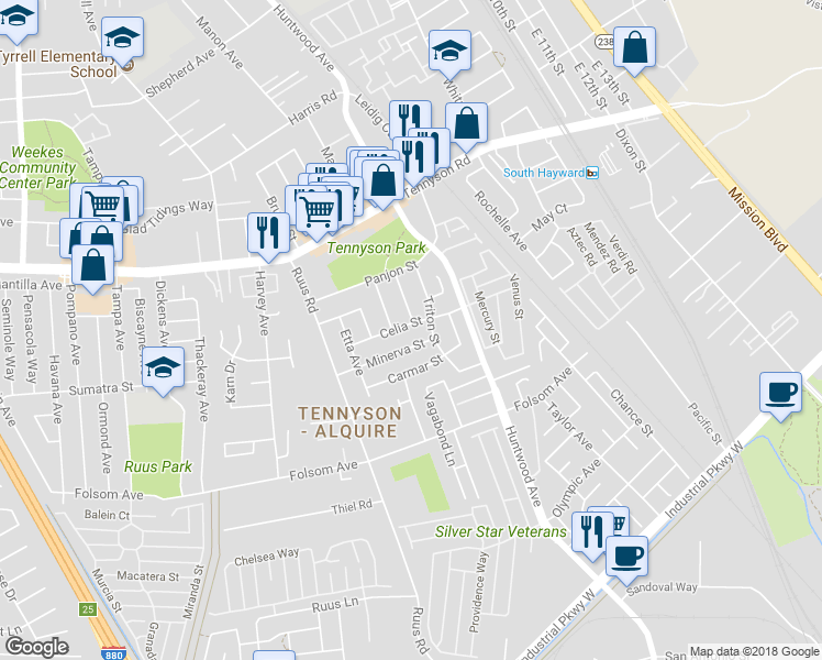 map of restaurants, bars, coffee shops, grocery stores, and more near 520 Celia Street in Hayward