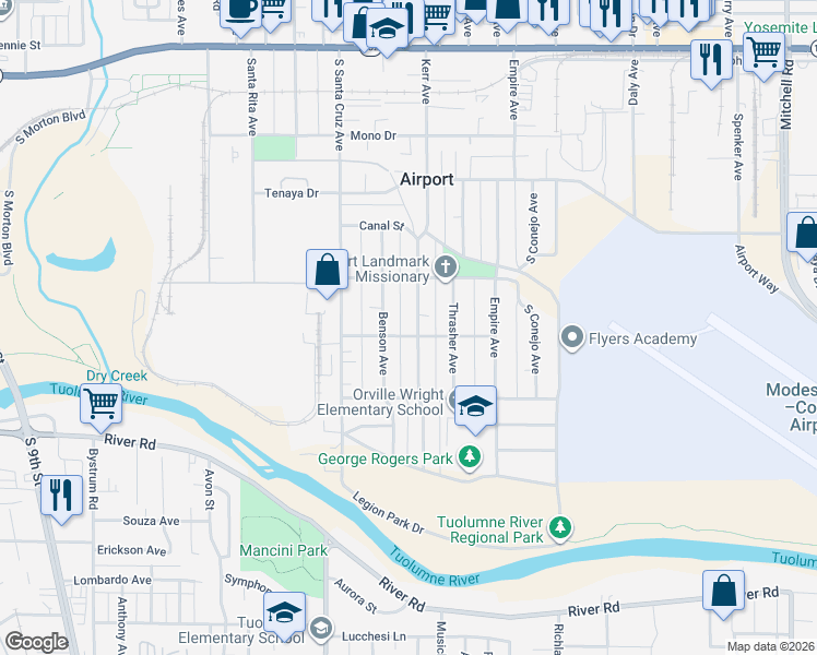 map of restaurants, bars, coffee shops, grocery stores, and more near 703 Kerr Avenue in Modesto