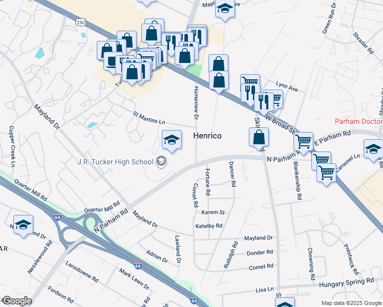 map of restaurants, bars, coffee shops, grocery stores, and more near 2302 Homeview Drive in Henrico
